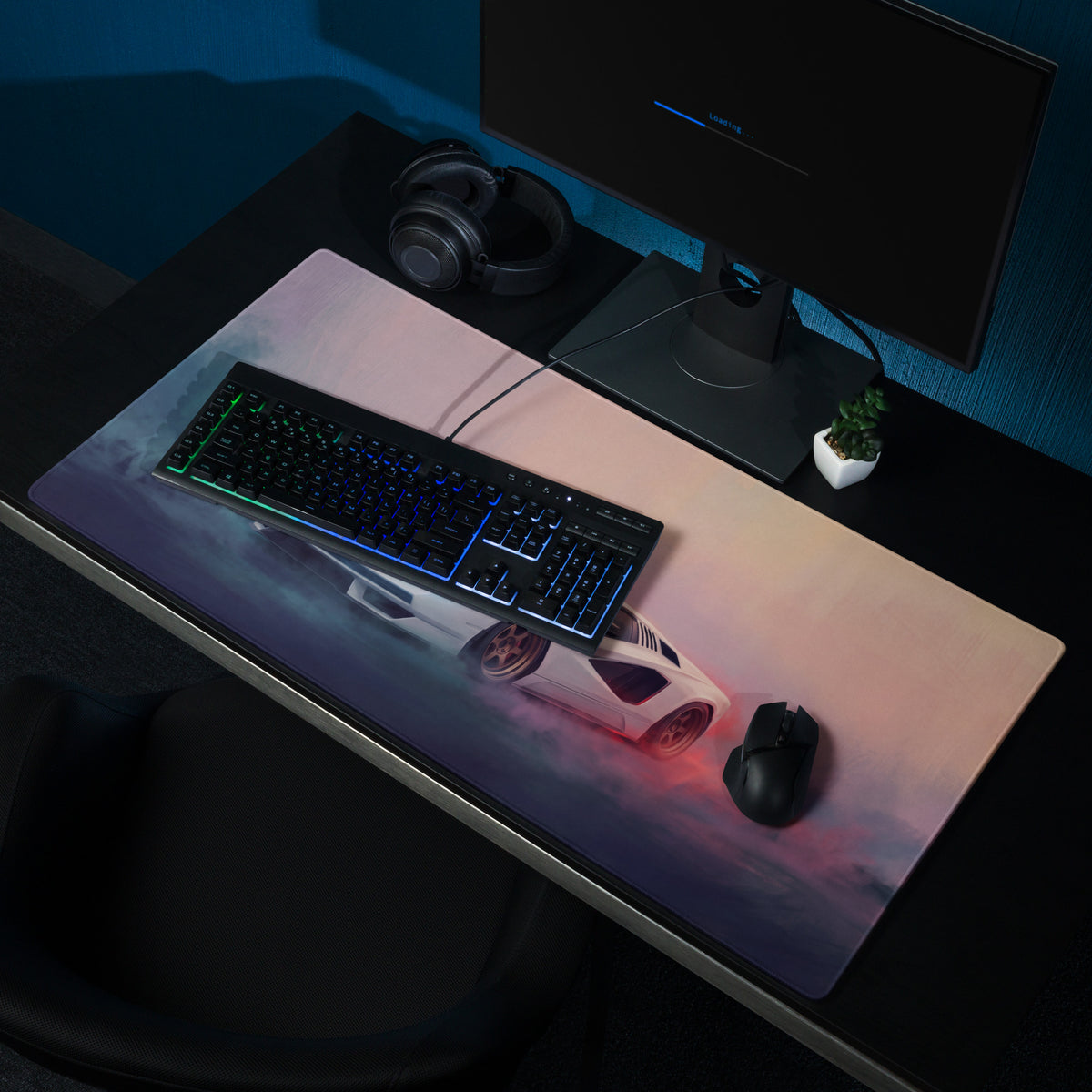 Lamborghini Countach inspired pearl bronze extended non-slip gaming mousepad with white sports car and pink blue lighting