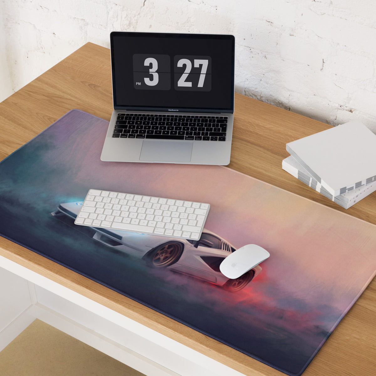 Lamborghini countach inspired pearl bronze extended gaming mousepad with a white sports car and glowing accents