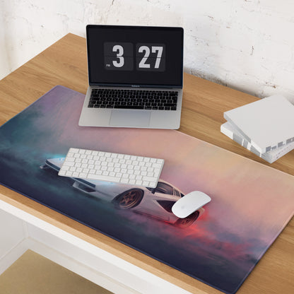 Lamborghini countach inspired pearl bronze extended gaming mousepad with a white sports car and glowing accents