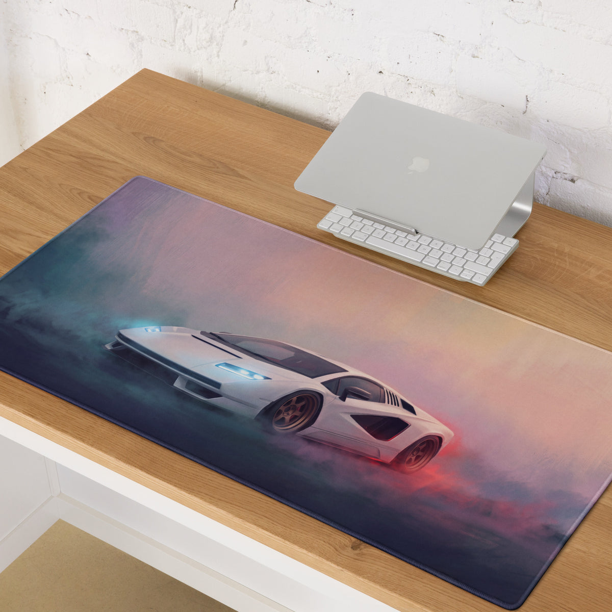 A sleek rectangular non-slip gaming mousepad with a vibrant white sports car drifting in colorful misty skies