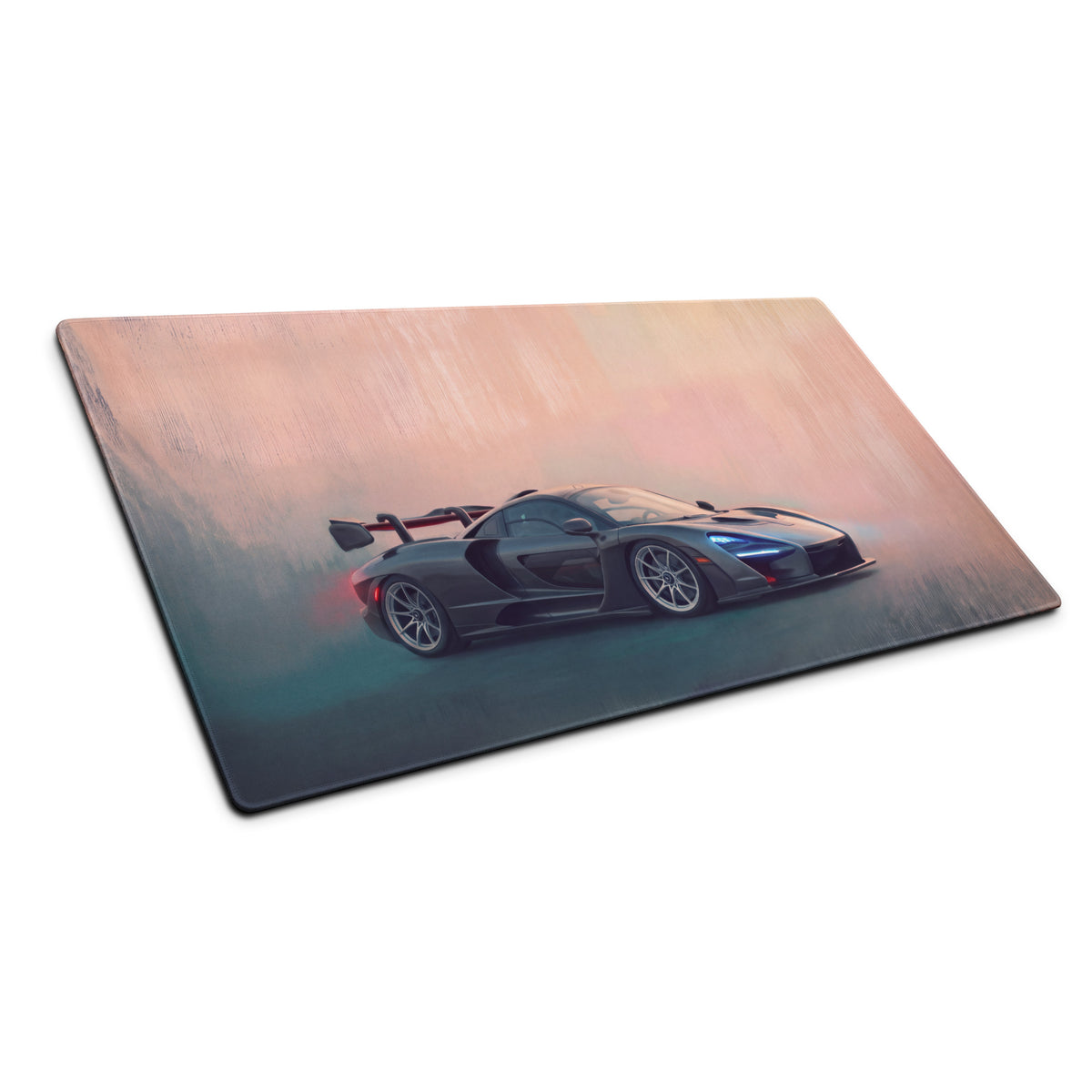 Rectangular gaming mousepad with mclaren senna sports car illustration on a dark gray carbon stealth surface