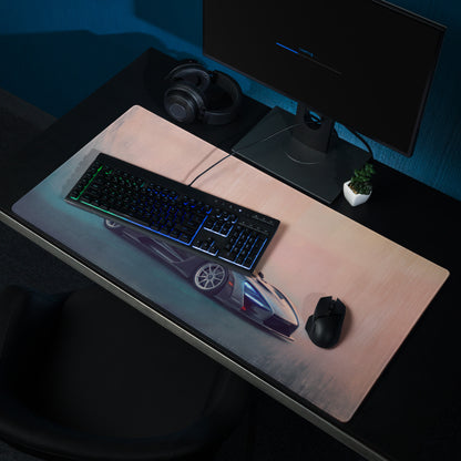 A sleek rectangular xl gaming mousepad with a futuristic blue and silver McLaren Senna inspired sports car graphic