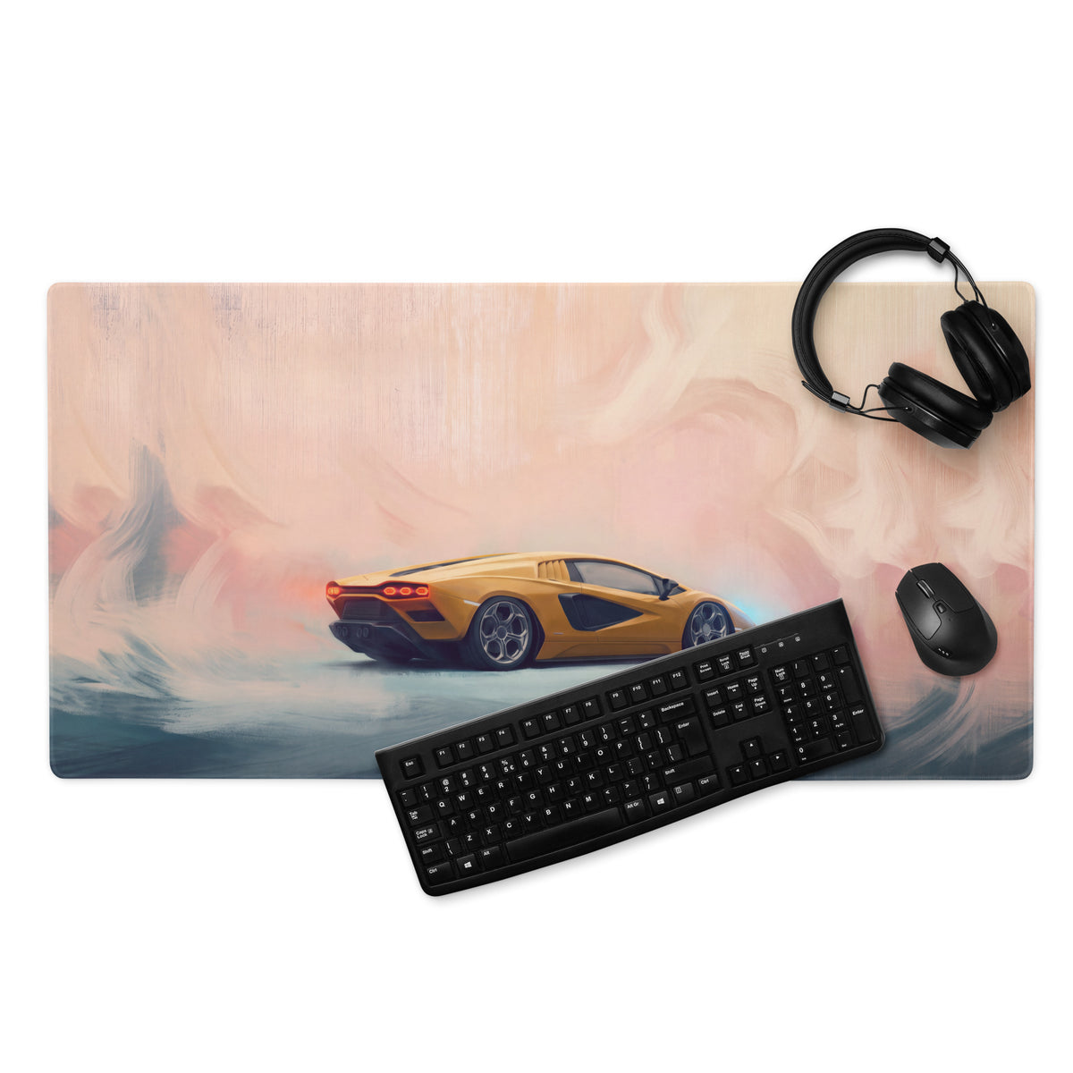 A rectangular ultra-glide stitched edge gaming mousepad with a golden sports car on a pastel abstract background
