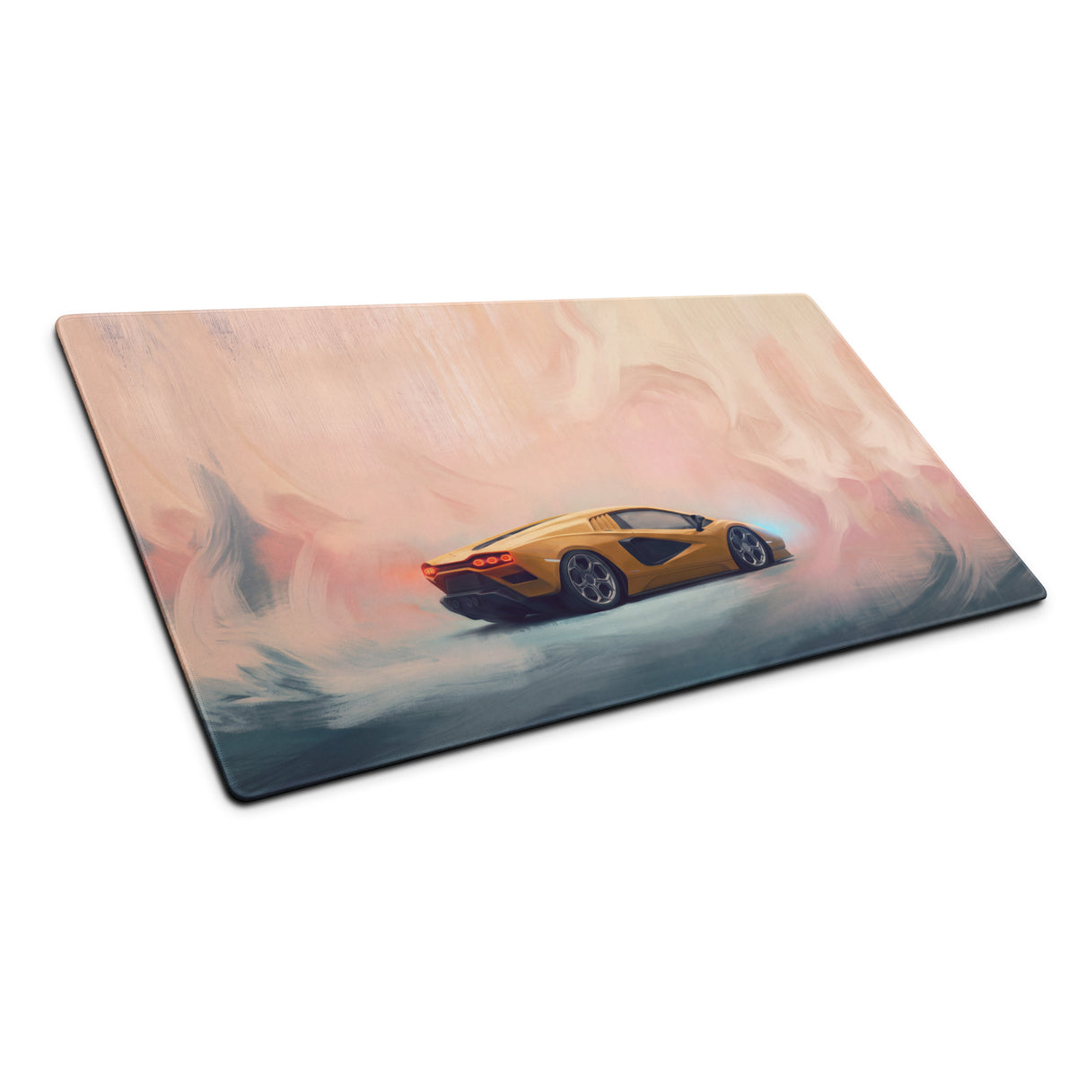 Golden Lamborghini Countach inspired sports car illustration on a pastel cloud background stitched edge desk pad