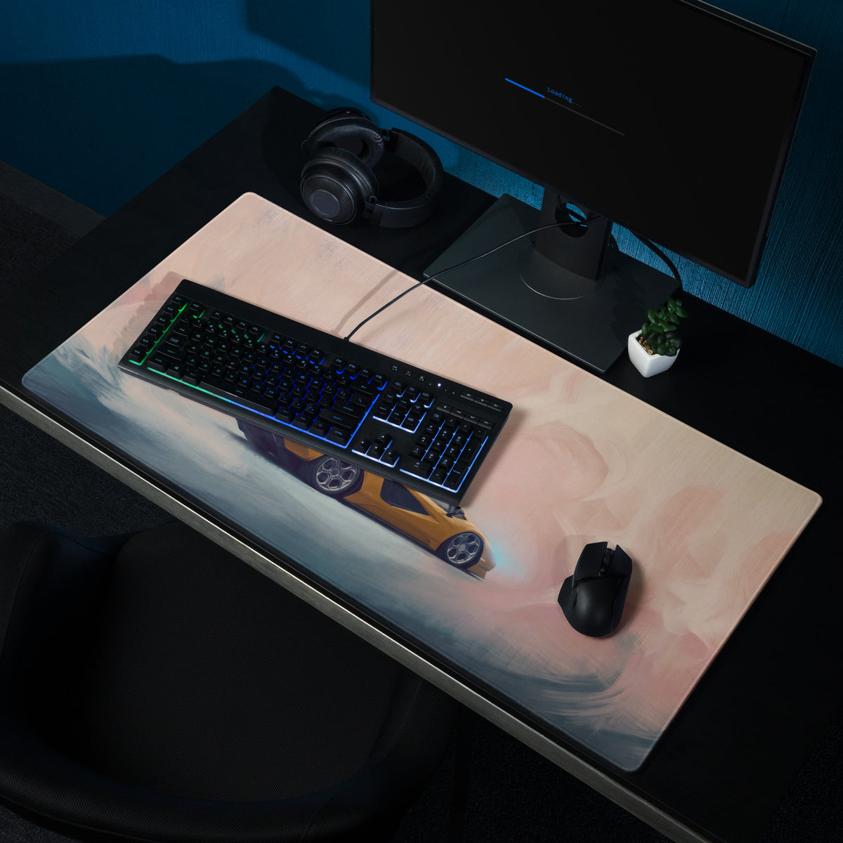 A sleek rectangular gaming mousepad with a stitched edge and vibrant orange Lamborghini Countach design on pink gradient background