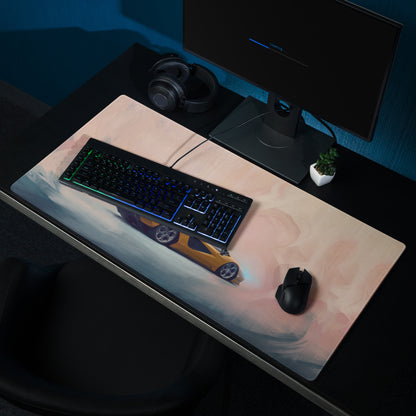 A sleek rectangular gaming mousepad with a stitched edge and vibrant orange Lamborghini Countach design on pink gradient background