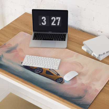 Long rectangular gaming mousepad with vibrant yellow Lamborghini countach graphic on soft pink and gray watercolor background