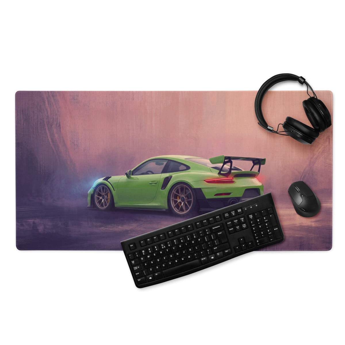 Lush green porsche 911 gt3 rs sports car graphic printed on a low-friction cloth rectangular gaming mousepad