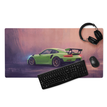 Lush green porsche 911 gt3 rs sports car graphic printed on a low-friction cloth rectangular gaming mousepad