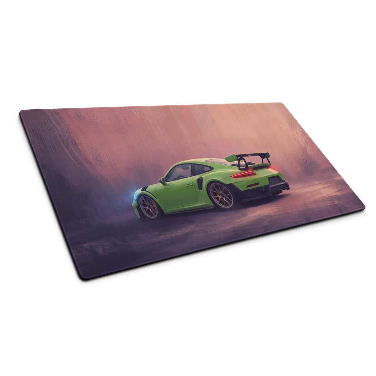 Green porsche 911 gt3 rs inspired lizard green low-friction cloth mousepad with sports car illustration on rectangular desk mat