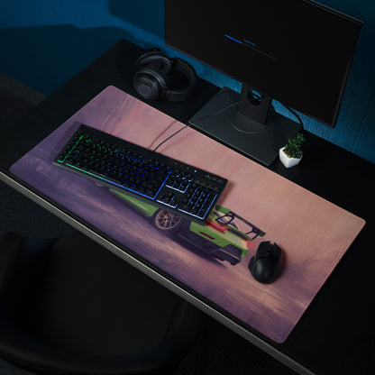 A rectangular low-friction cloth gaming mousepad with a green and black Porsche 911 GT3 RS racing car illustration