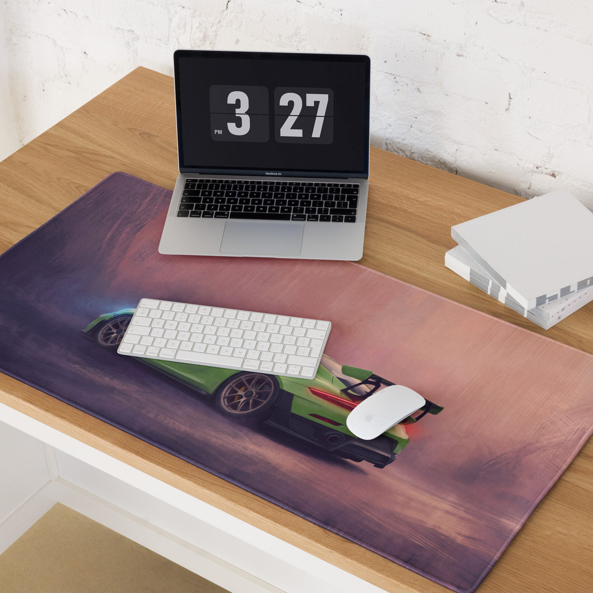 Porsche 911 gt3 rs inspired lizard green sports car graphic on a low friction cloth desk mat with purple pink gradient background