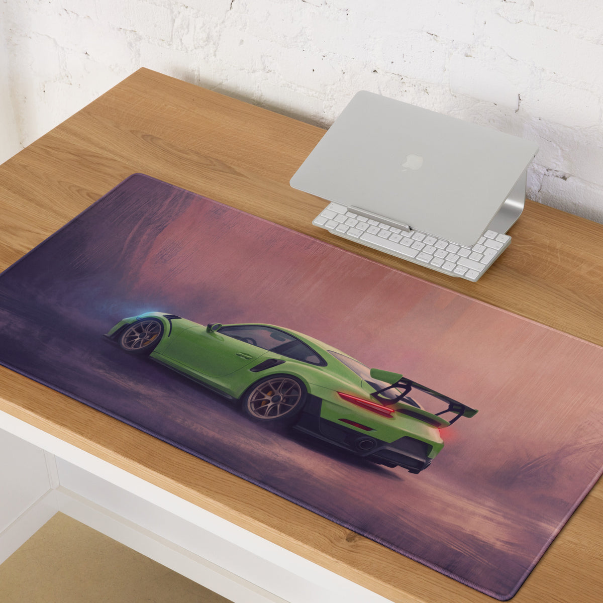 Green porsche 911 gt3 rs inspired lizard green desk mat with low-friction cloth sports car graphic mousepad