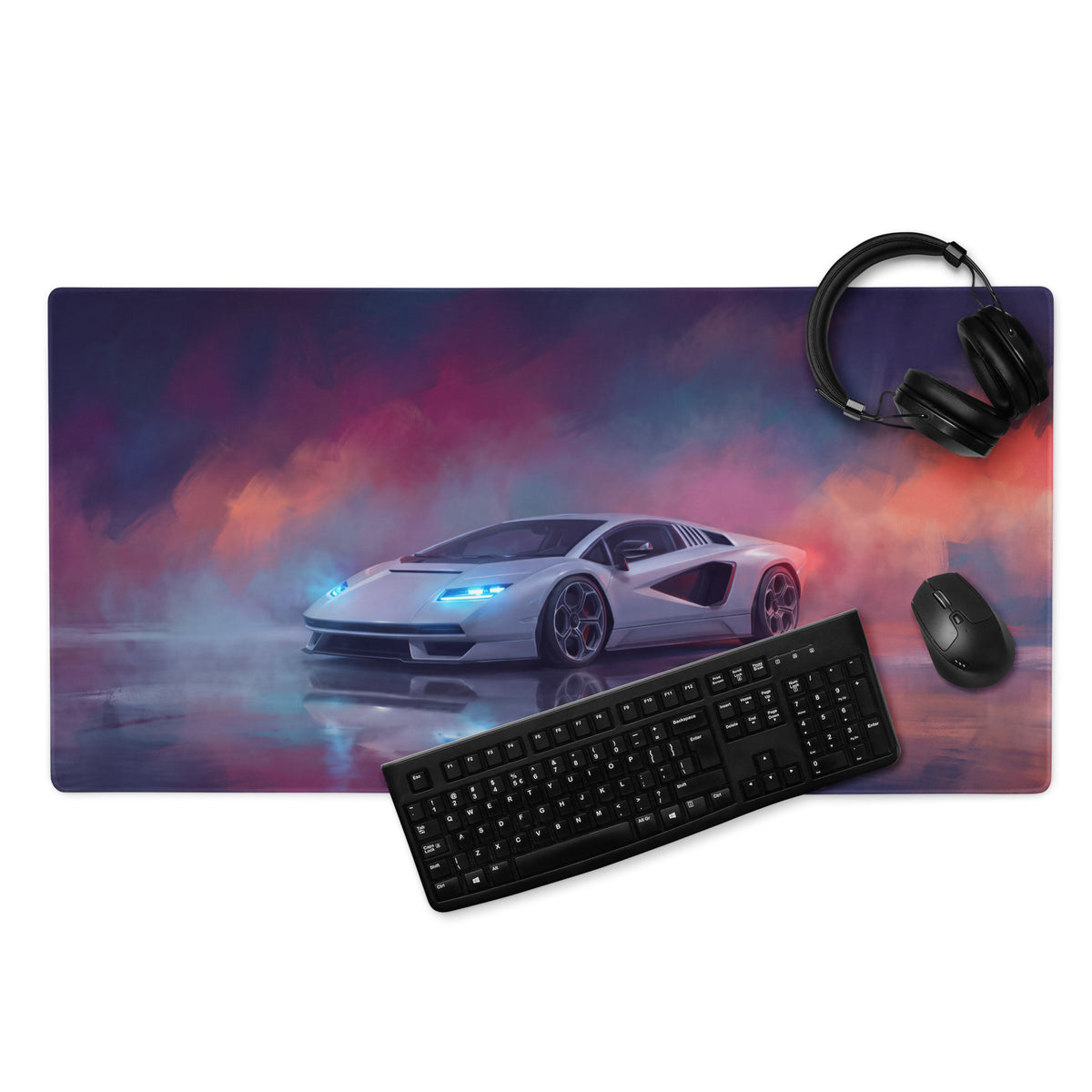 Rectangular non-slip gaming mousepad with a vibrant white sports car and purple pink nebula inspired by Lamborghini Countach