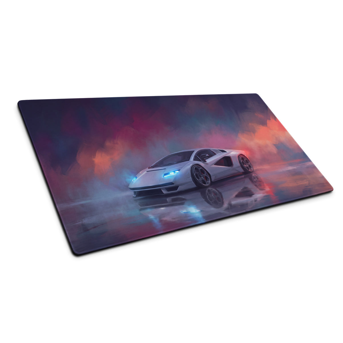 White lamborghini countach inspired pearl reflection desk pad with vibrant purple orange nebula background non slip mouse mat
