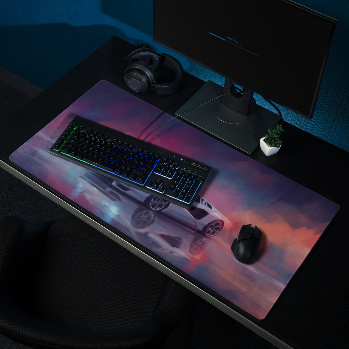 Lamborghini Countach inspired pearl reflection extended non slip gaming mousepad with vibrant white sports car and colorful sky design