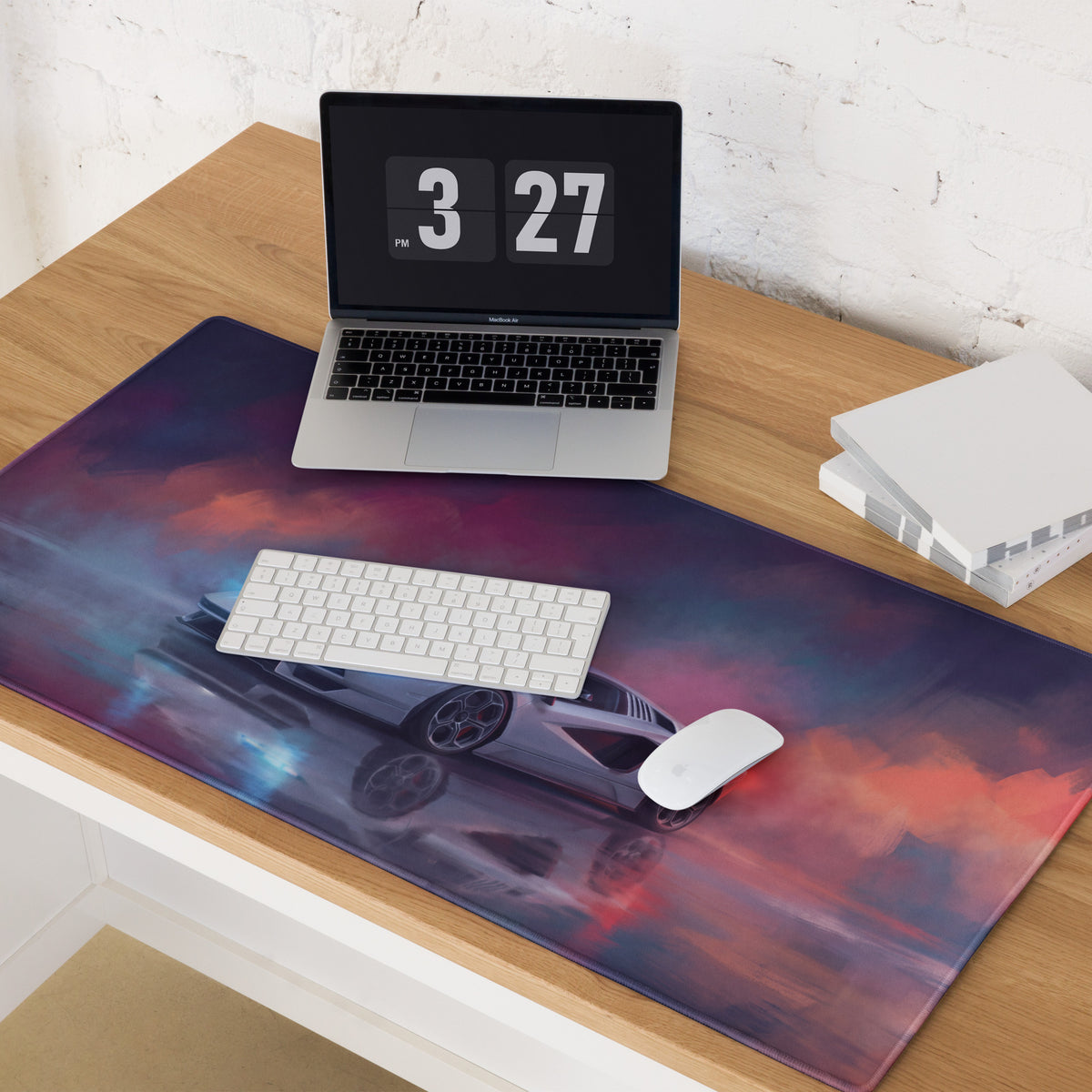 Vibrant cosmic-themed extended non-slip pc mousepad with sleek silver lamborghini countach design in purple red blue gradient