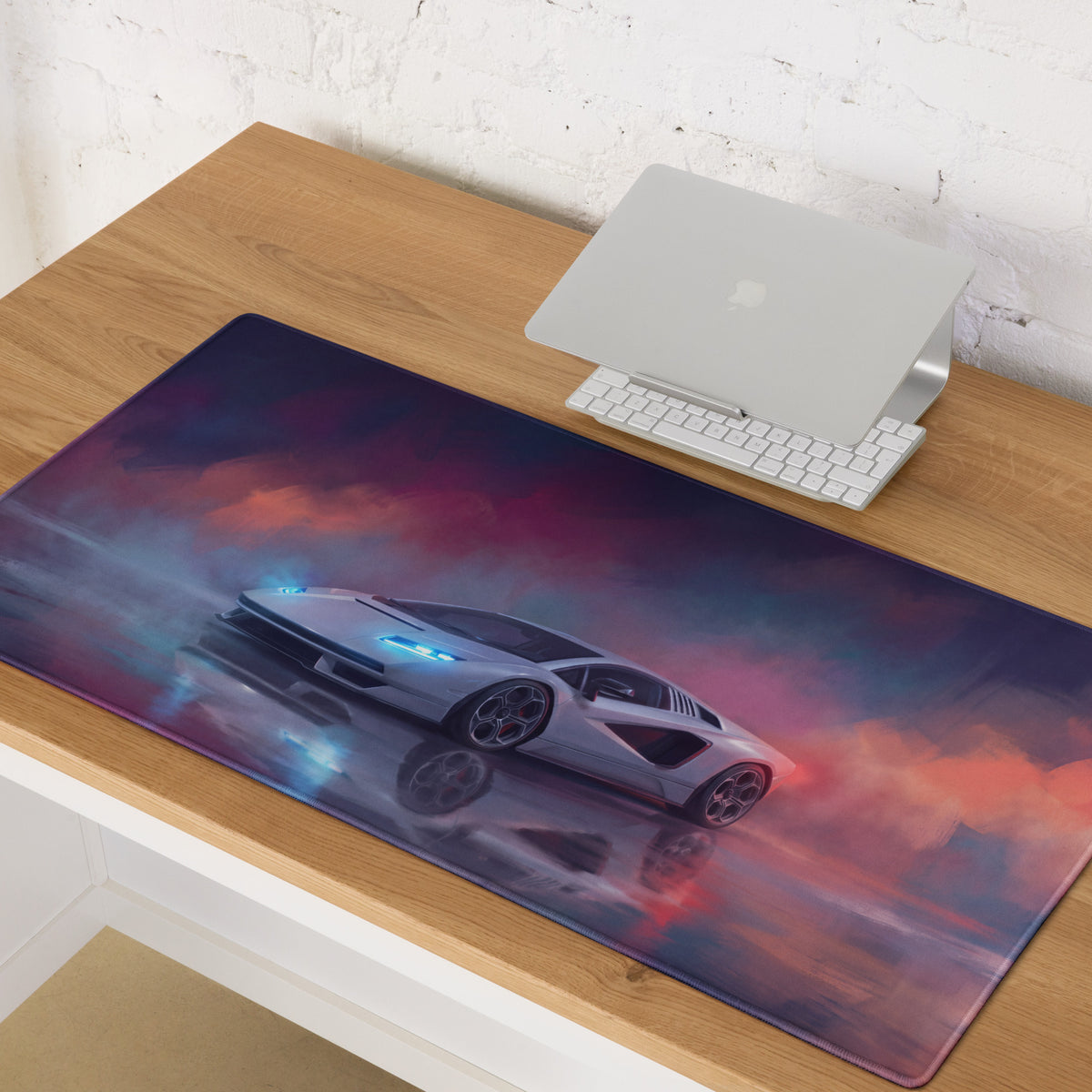 A sleek rectangular non-slip gaming mousepad featuring a white lamborghini countach speeding through red and blue clouds