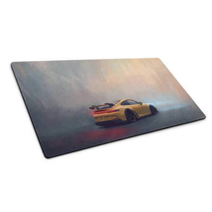Yellow porsche 911 gt3 inspired speed desk mat with sports car graphic on glossy rectangular surface for gaming mouse use