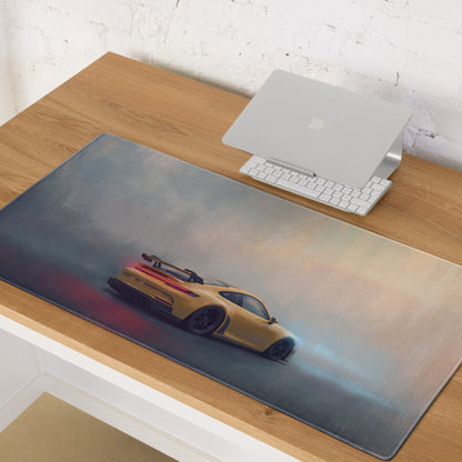 Porsche 911 GT3 inspired speed yellow XL gaming mousepad featuring a sleek rectangular design with vibrant sports car graphics
