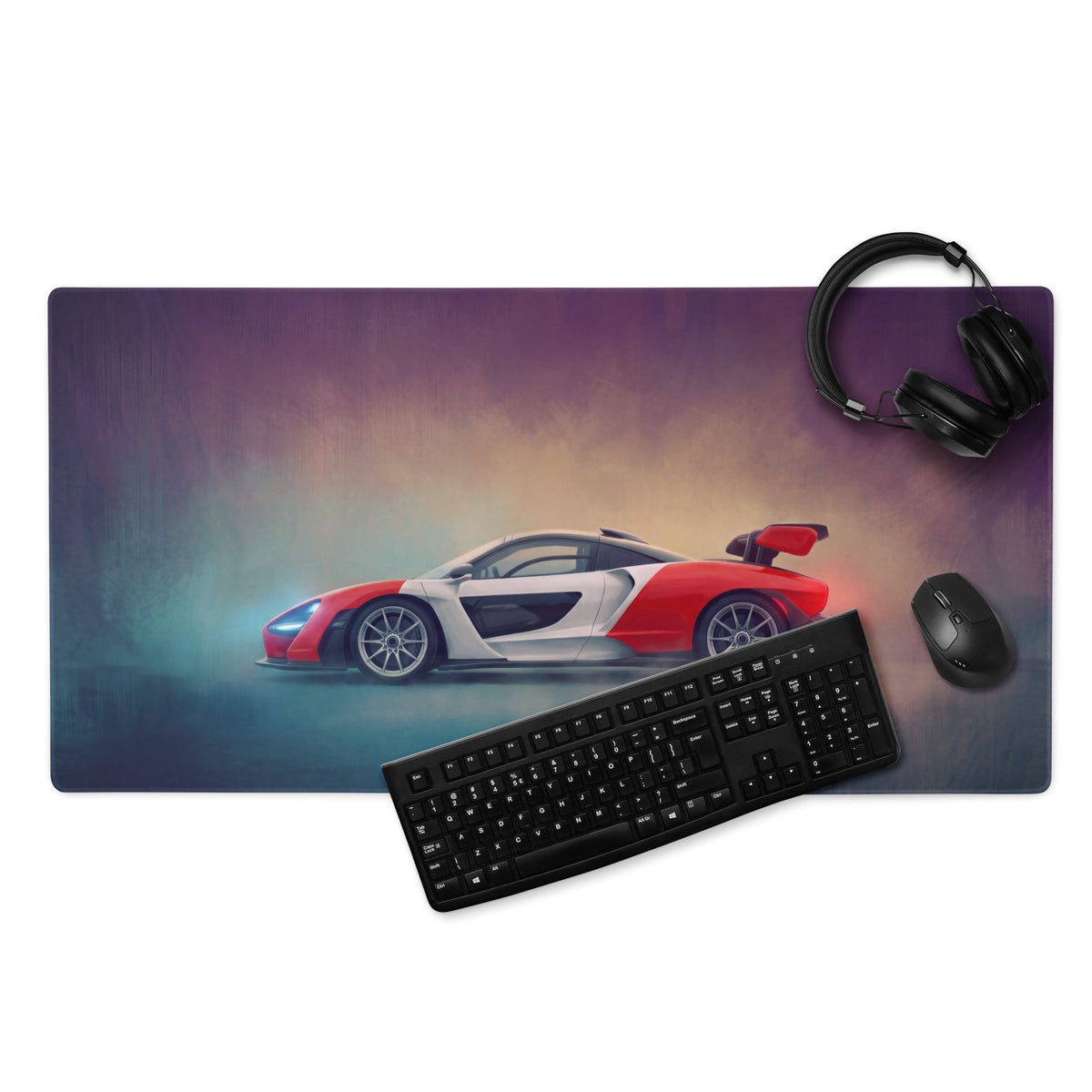 McLaren Senna inspired marlboro heritage desk mat with red and white McLaren sports car graphic on low-friction cloth