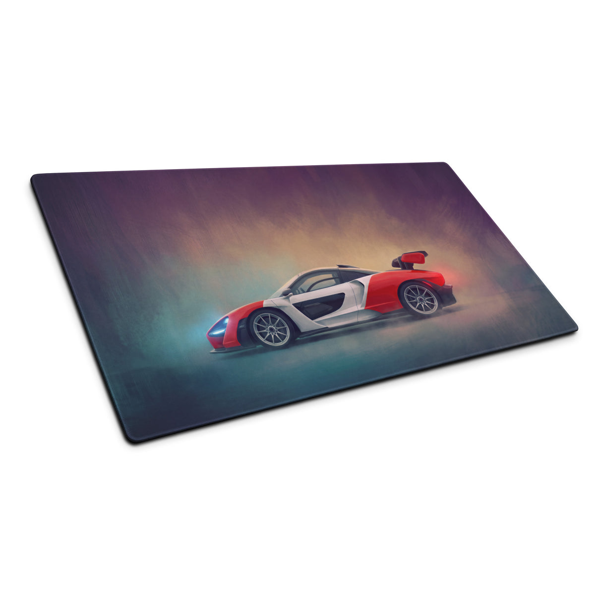Red and white mclaren supercar graphic printed on a rectangular glass cutting board for mclaren senna inspired marlboro heritage desk mat