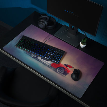 A sleek rectangular McLaren Senna inspired marlboro heritage desk mat gaming mousepad with vibrant red and white racing car graphic