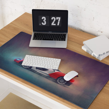 Red and white mclaren senna inspired marlboro heritage desk mat with sports car graphic on dark blue to purple cloth mousepad