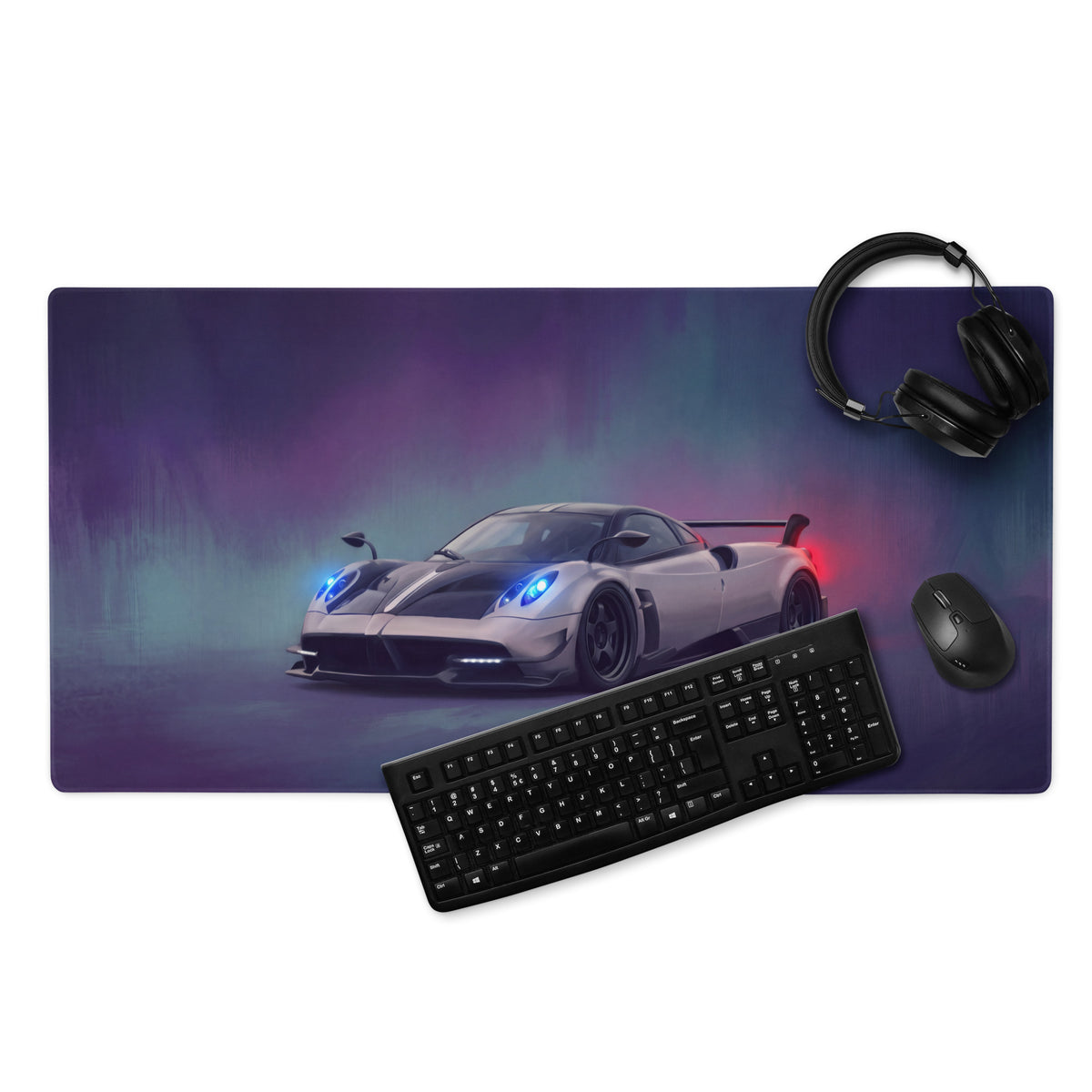 Pagani Huayra inspired silver carbon extended non slip gaming mousepad with vibrant sports car graphic on purple teal background