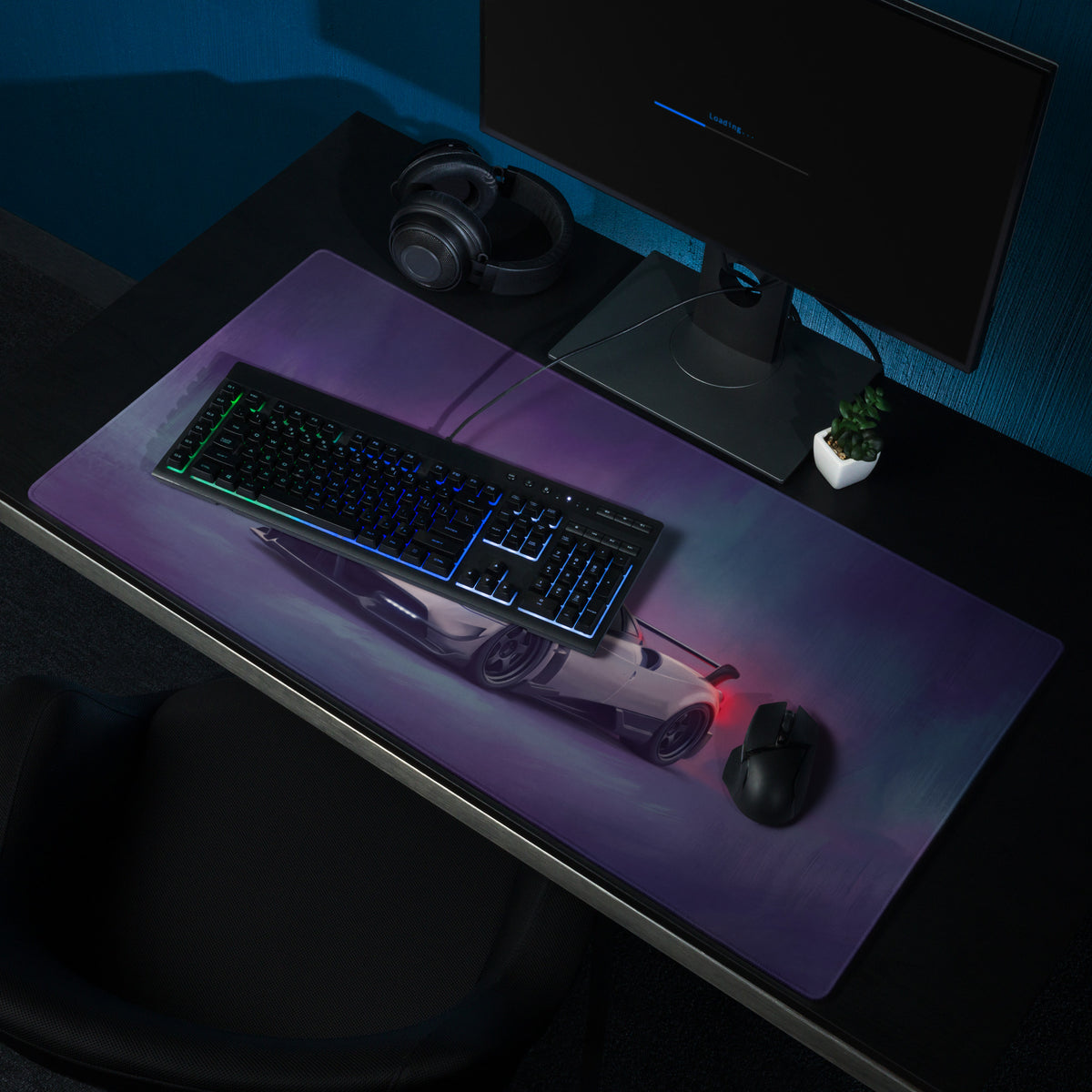 Purple pagani huayra inspired silver carbon extended non-slip gaming mousepad with white sports car and glowing accents