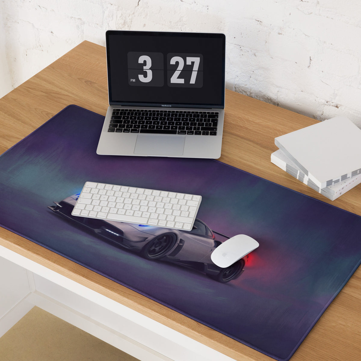 Purple racing car themed pagani huayra inspired silver carbon extended non slip desk pad with glossy gradient finish
