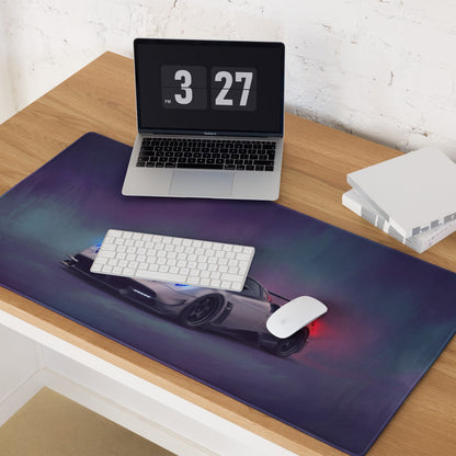 Purple racing car themed pagani huayra inspired silver carbon extended non slip desk pad with glossy gradient finish