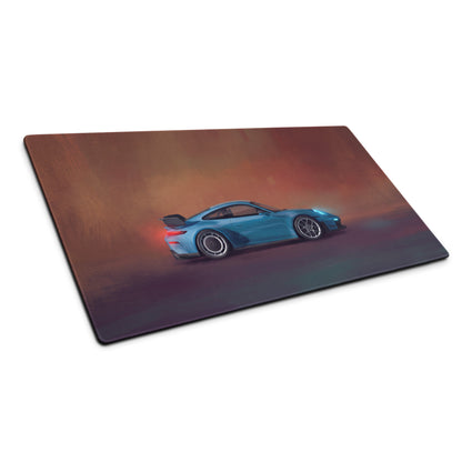 Blue Porsche 911 GT3 inspired Miami blue profile desk pad with ultra-glide stitched edge gaming mouse mat illustration