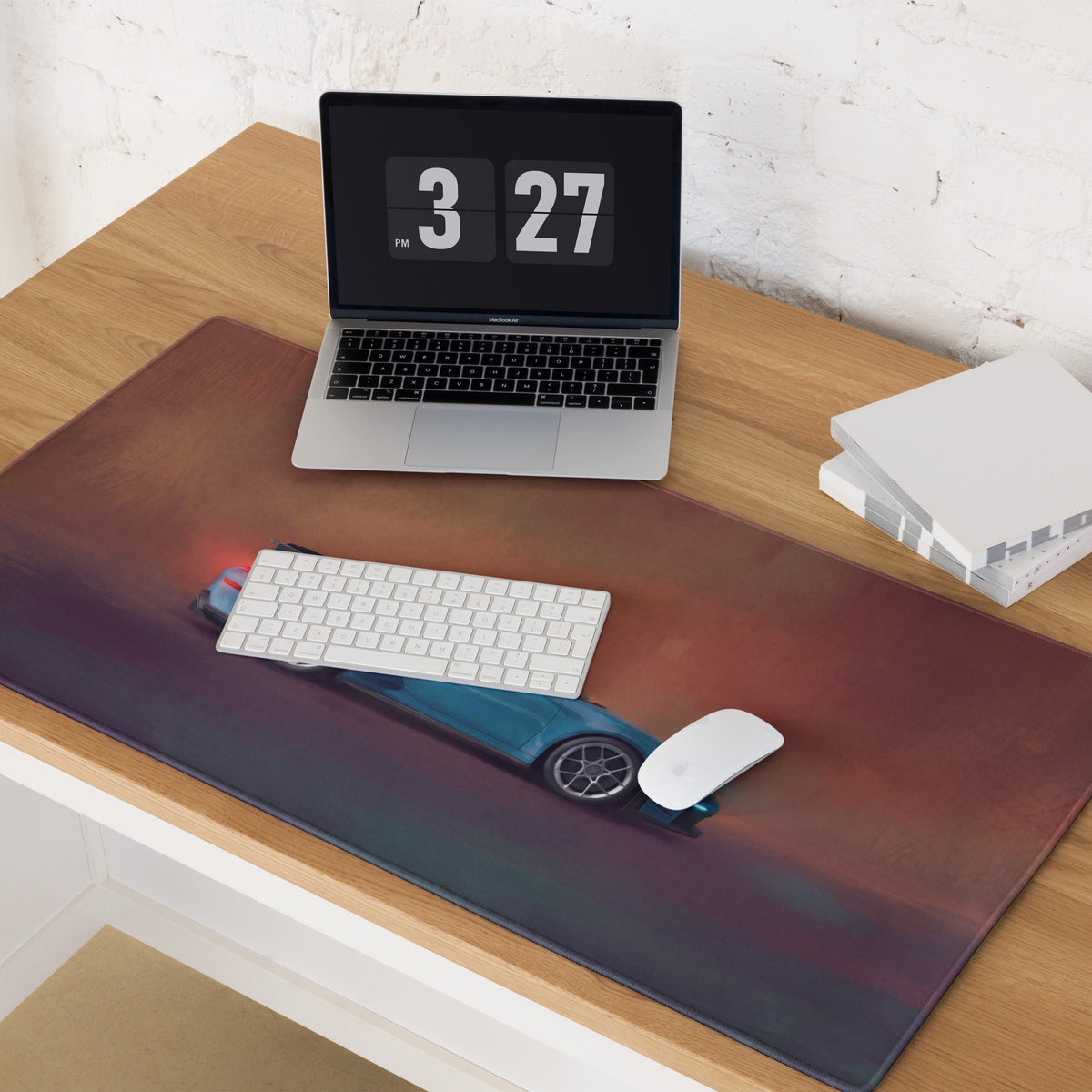 Porsche 911 gt3 inspired miami blue profile desk pad featuring a blue sports car graphic on a gradient red and black background