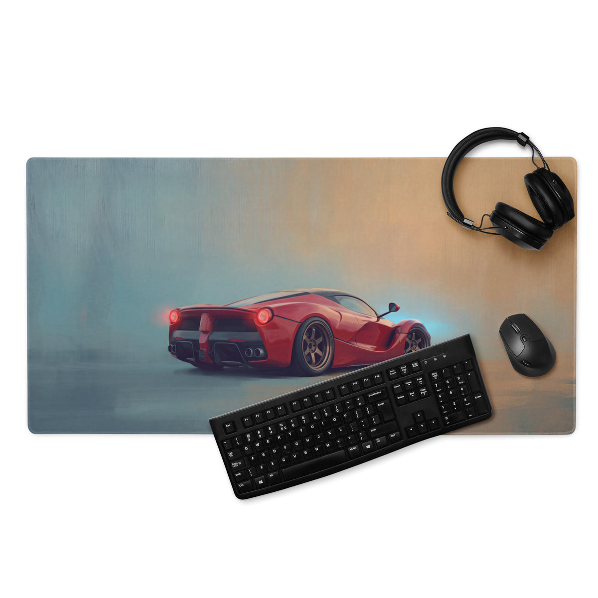 Rectangular low-friction cloth desk mat featuring a red ferrari laferrari sports car graphic for smooth mouse use