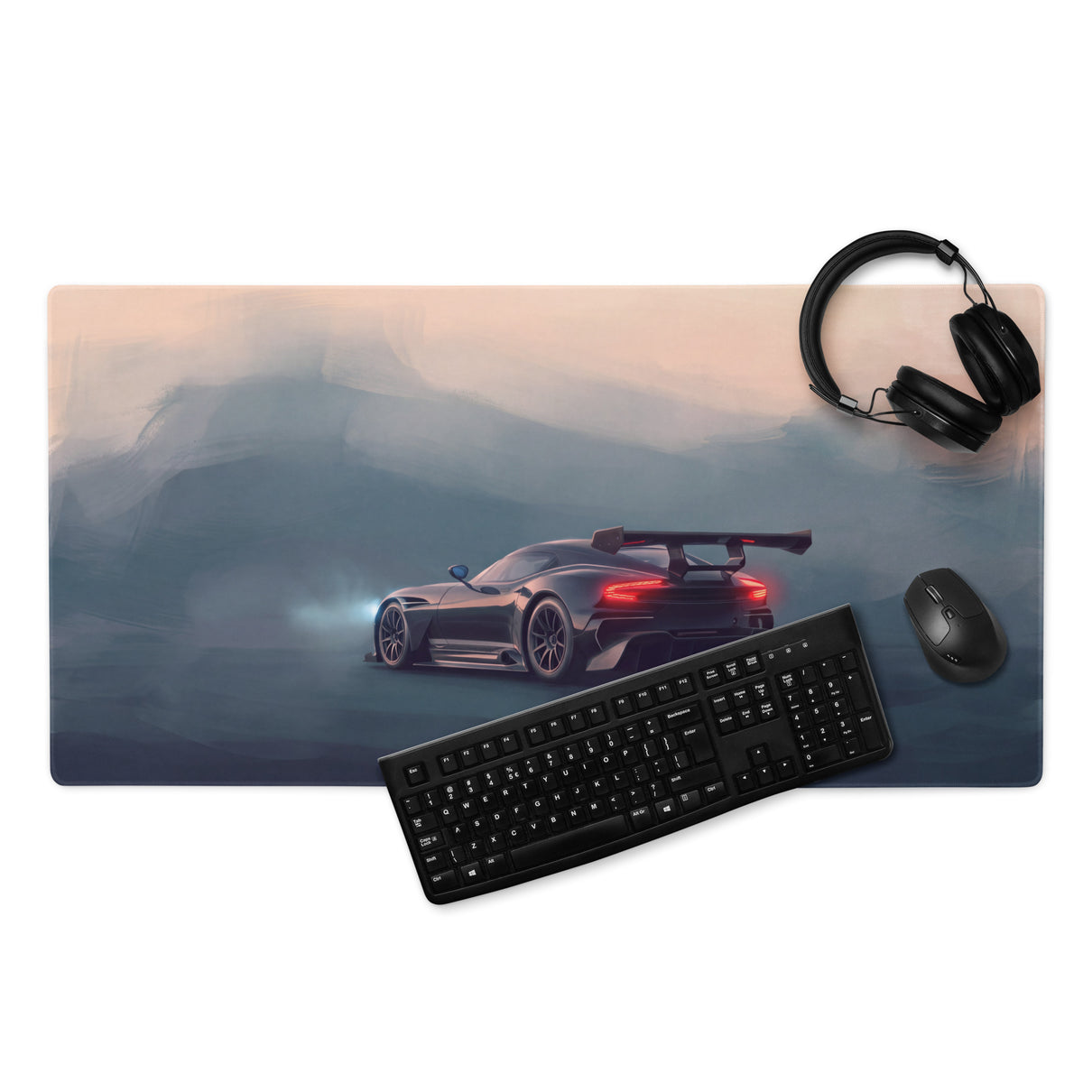 Black Aston Martin Vulcan inspired onyx track desk mat gaming mousepad with low-friction cloth and misty mountain design