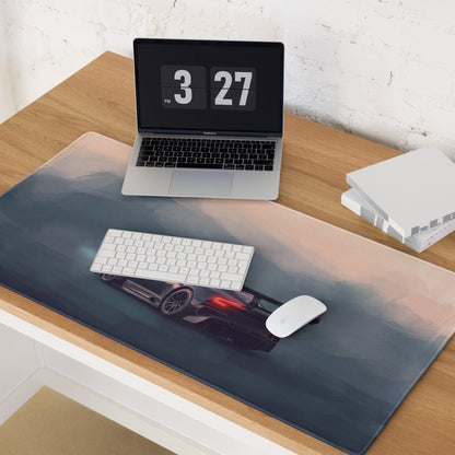 Aston Martin Vulcan inspired onyx track desk mat featuring a low friction cloth with a black sports car design
