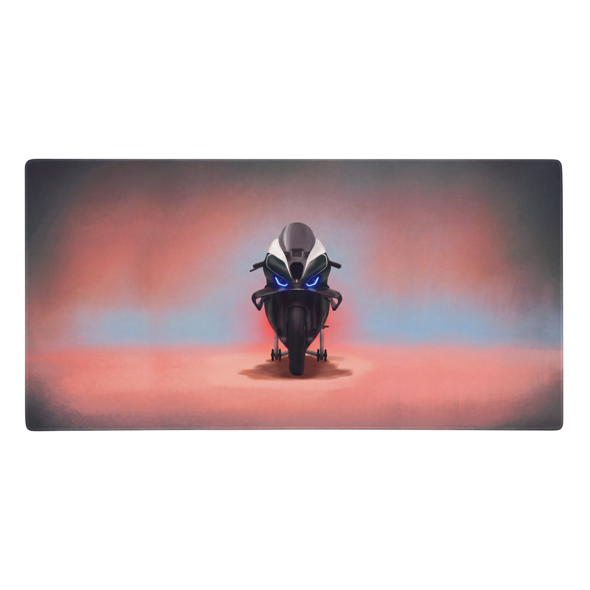 Bmw m1000rr inspired large gaming mousepad with sleek black and white racing motorcycle and glowing blue headlights