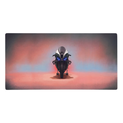 Bmw m1000rr inspired large gaming mousepad with sleek black and white racing motorcycle and glowing blue headlights