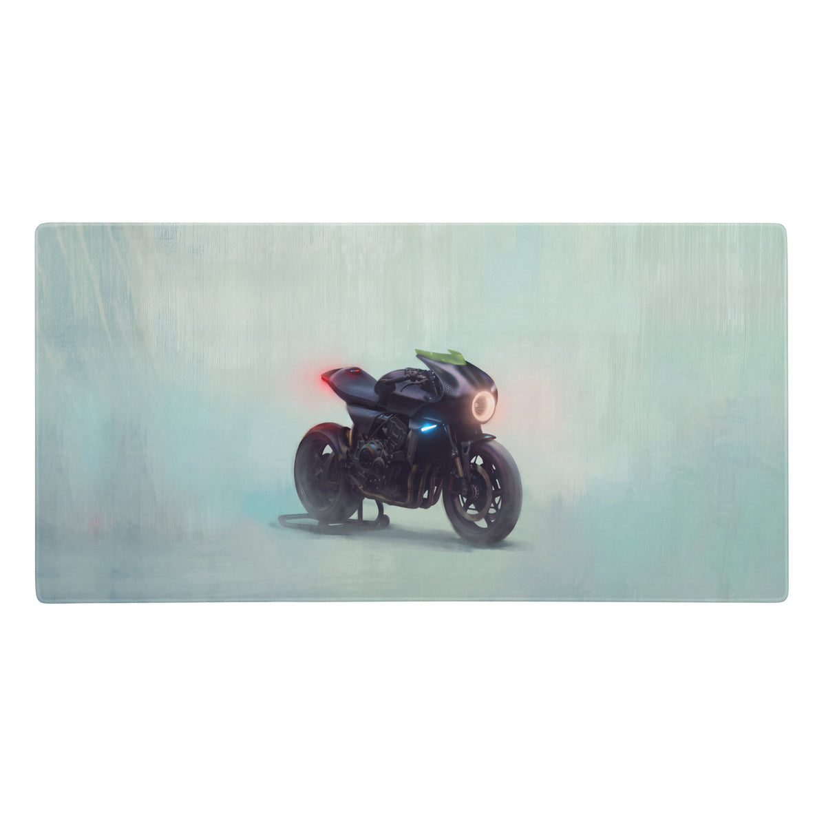 Black motorcycle with glowing red and blue lights on custom cafe racer premium gaming mousepad desk mat
