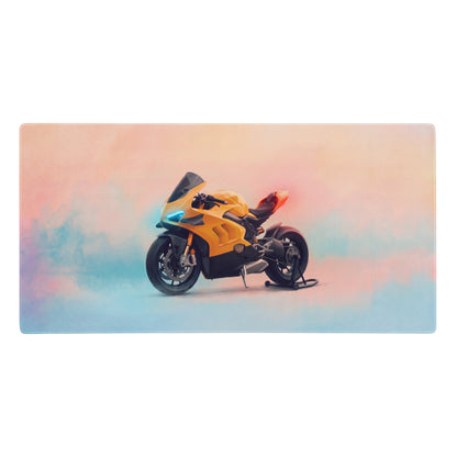 Yellow and black sport motorcycle illustration on ducati panigale inspired large gaming desk mat mousepad