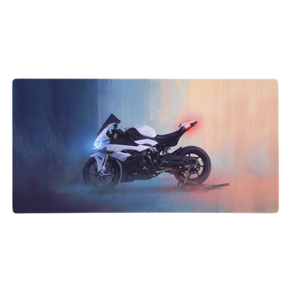 Bmw s1000rr inspired premium gaming mousepad featuring a white and black superbike with sleek aerodynamic design