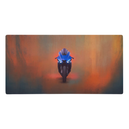 Blue Yamaha YZF-R1 inspired large gaming mousepad featuring a racing motorcycle with glowing headlights desk protector
