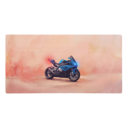 Bmw s1000rr inspired large mouse pad with blue and black sport motorcycle illustration and waterproof base