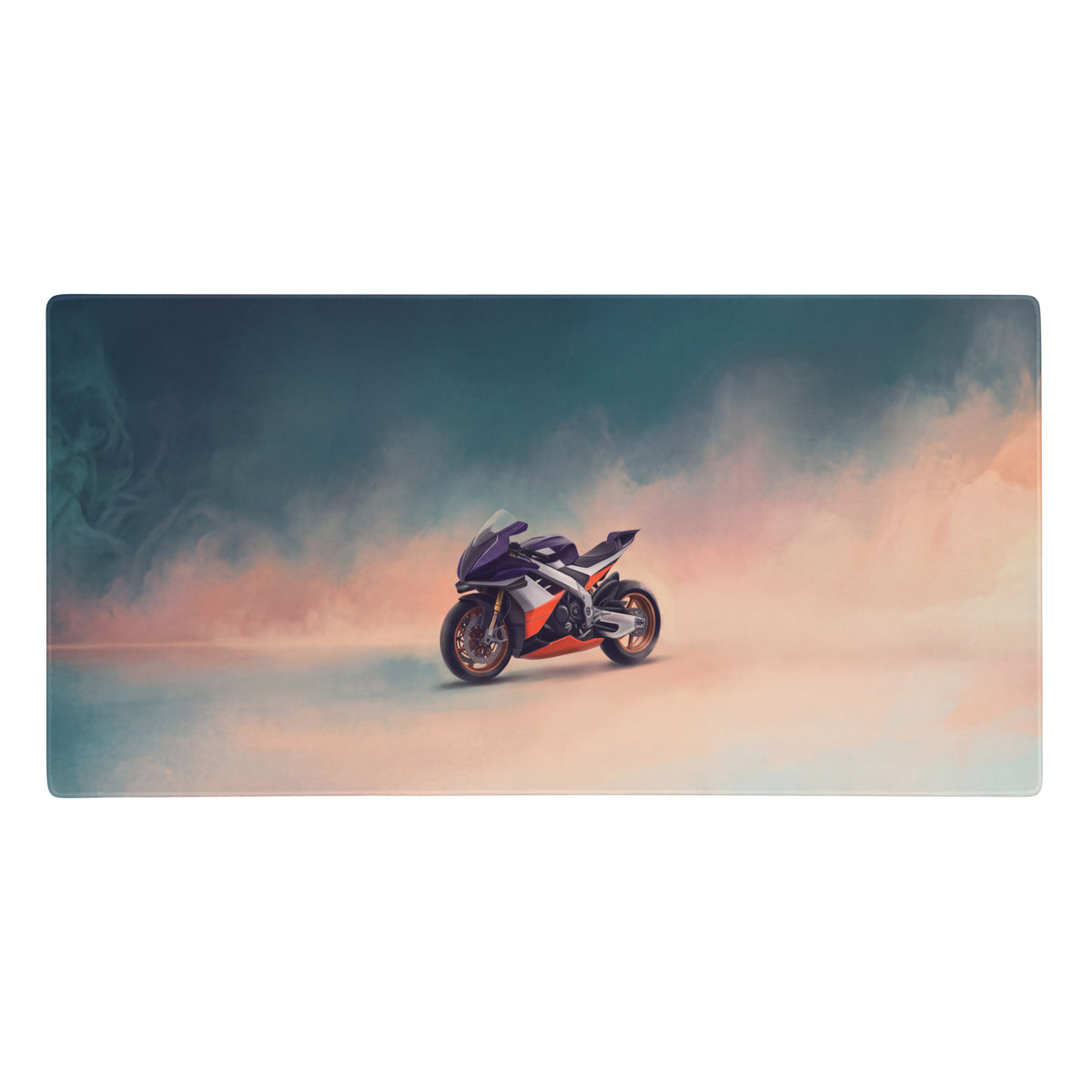 A sleek purple and orange aprilia RSV4 Xtrenta sportbike mouse pad with stitched edges for track and gaming use