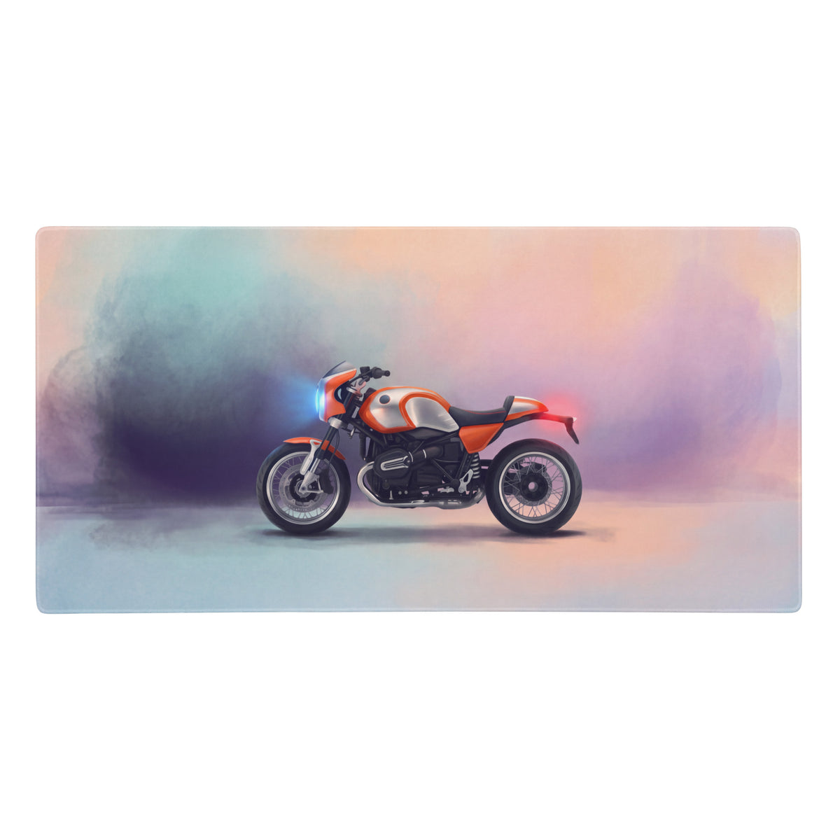 Orange and white bmw r ninet inspired large gaming mouse pad with smooth stitched edges and retro cafe racer design