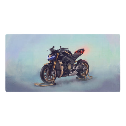 Black and gold ducati streetfighter v4 inspired desk mat with smooth tracking surface for naked superbike office setup