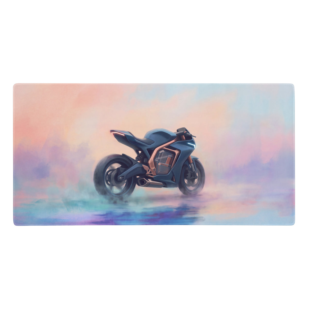 Concept motorcycle extended desk pad featuring a sleek blue and copper futuristic motorcycle illustration for gamers and office decor