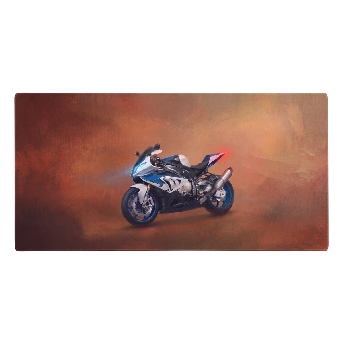 Blue and white sport motorcycle illustration on oversized stitched gaming desk pad inspired by BMW S1000RR