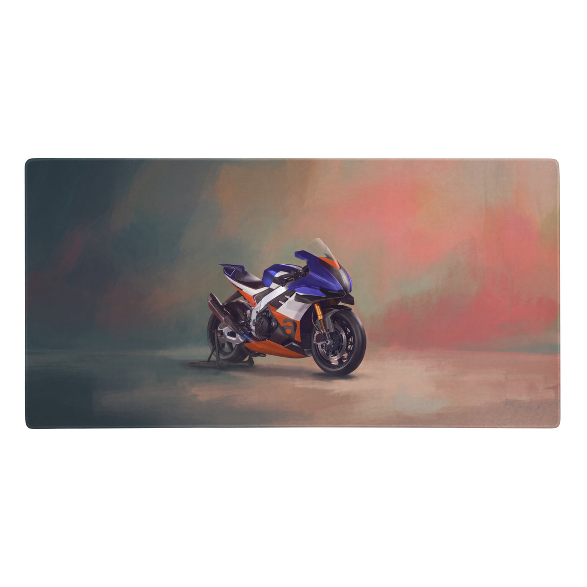 Aprilia rsv4 xtrenta inspired extra large desk mat featuring a blue and orange racing motorcycle illustration for gamers